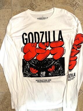 Men’s Ripple Junction Godzilla Long Sleeve White and Orange T-Shirt Sz Small